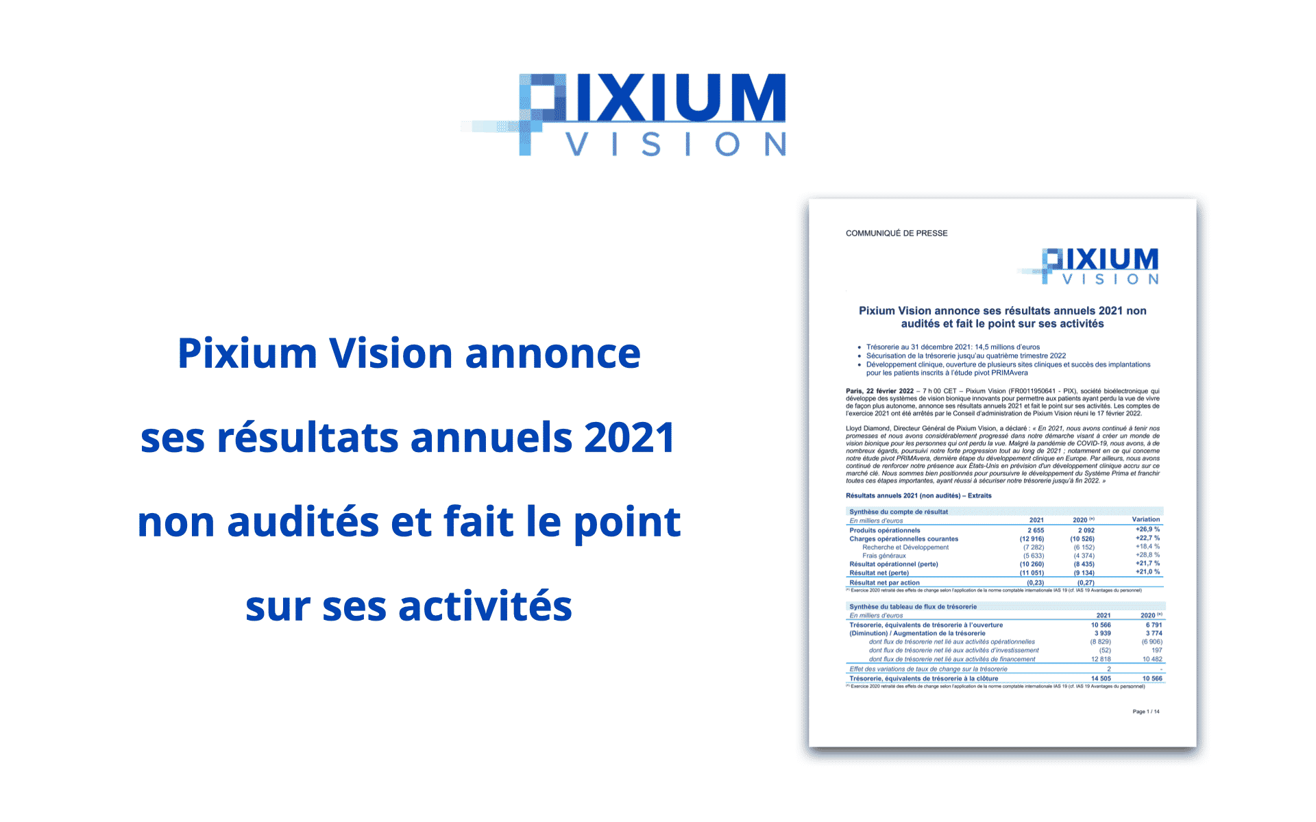 Pixium Vision annonce ses résultats annuels 2021 non audités et fait le point sur ses activités